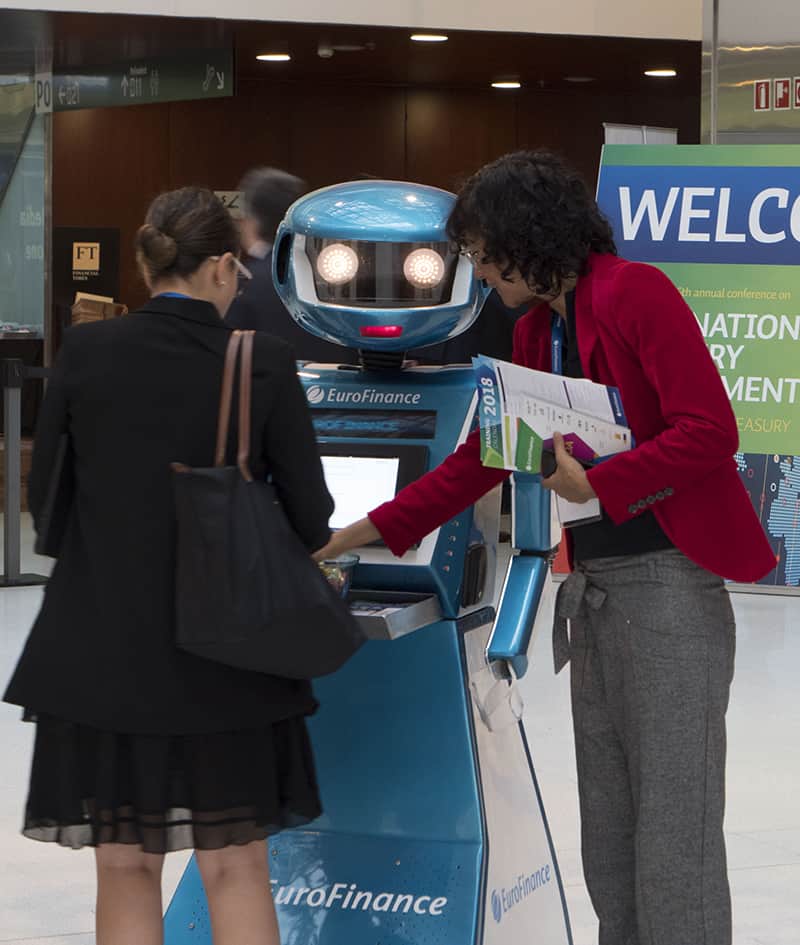 Robots greet visitors at EuroFinance 2017, Barcelona