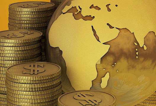 Gold coins and globe representing global finance and wealth in Africa.