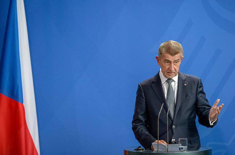 The Prime Minister of the Czech Republic, Andrej Babiš answers questions at the press conference at the German Chancellery in Berlin
