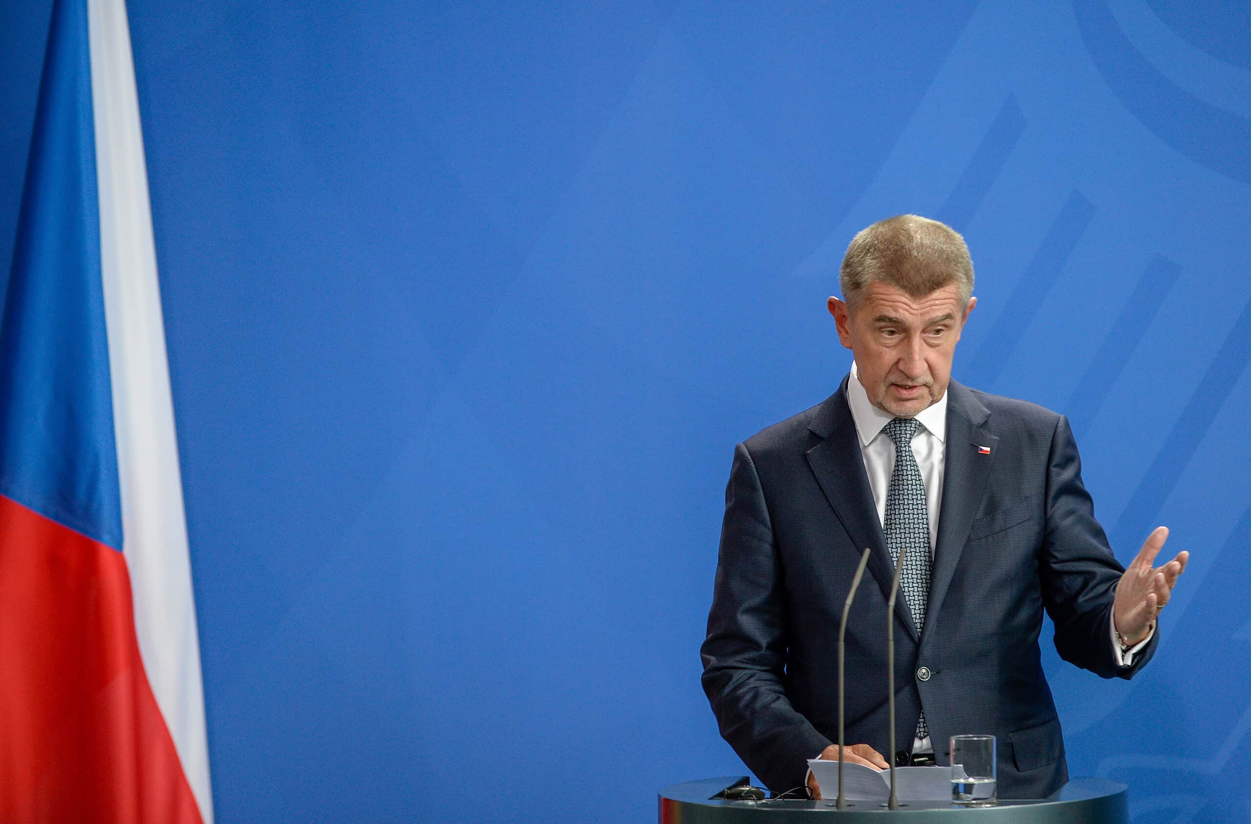 The Prime Minister of the Czech Republic, Andrej Babiš answers questions at the press conference at the German Chancellery in Berlin