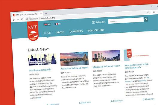Financial Action Task Force or FATF website homepage. The FATF is an inter-governmental body of 37 countries against money laundering and terrorist financing.
