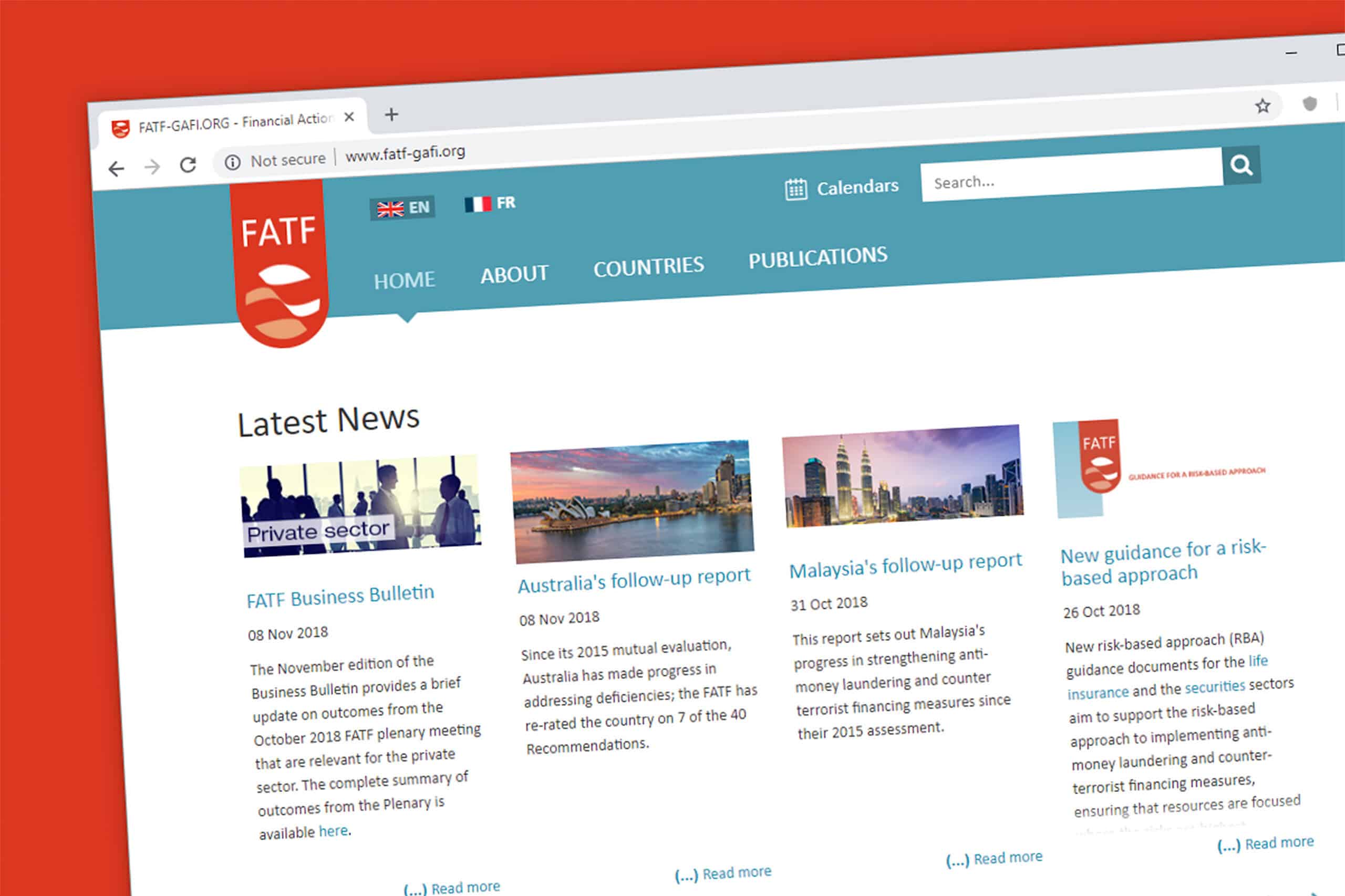 Financial Action Task Force or FATF website homepage. The FATF is an inter-governmental body of 37 countries against money laundering and terrorist financing.