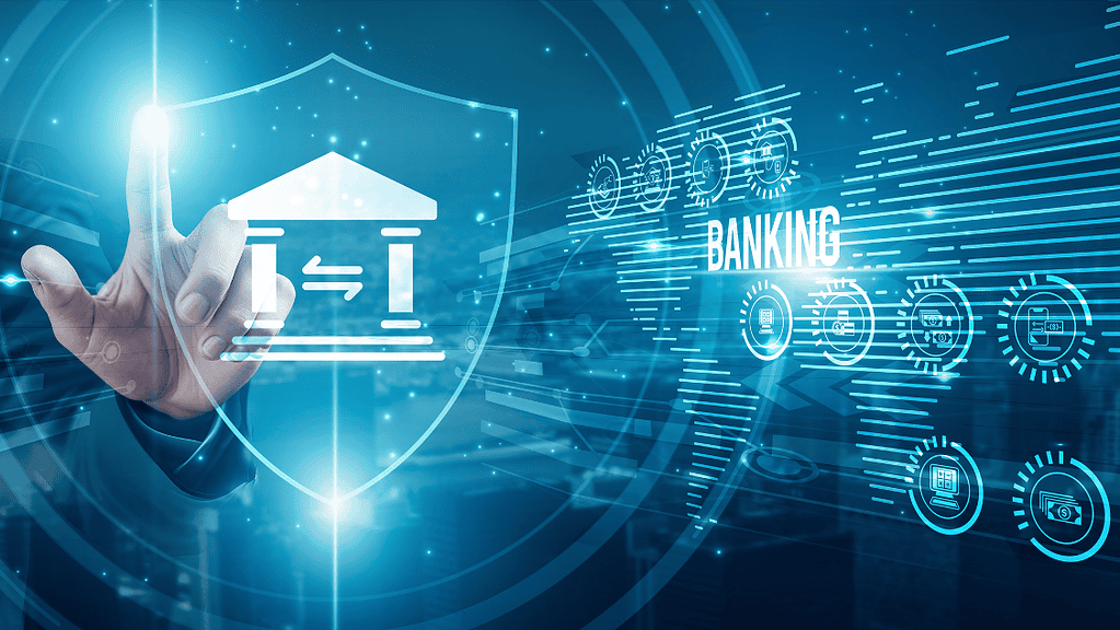 Financial analyst protecting assets banking systems, digital transactions compliance security automation risk management fintech solutions customer identity performance tracking.