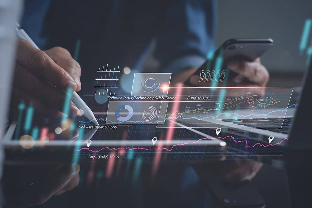 Business analysis, strategy and planning concept. Businessman, finance analyst working on digital tablet, business data and economic, economic growth, financial graph chart, stock market report