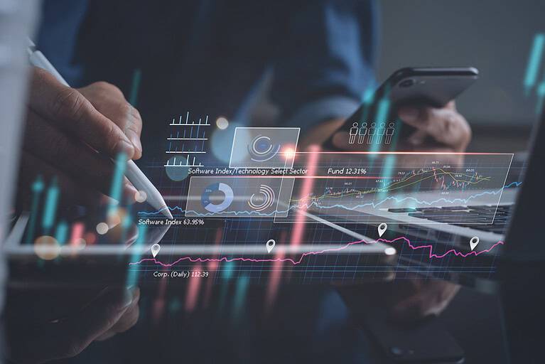 Business analysis, strategy and planning concept. Businessman, finance analyst working on digital tablet, business data and economic, economic growth, financial graph chart, stock market report