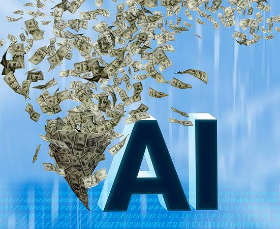 AI, artificial intelligence concept. Typhoon of hundreds dollars banknotes. Money wallpaper background with US dollar bills tornado, whirlwind of dollars hurricane. Flying, levitating american cash