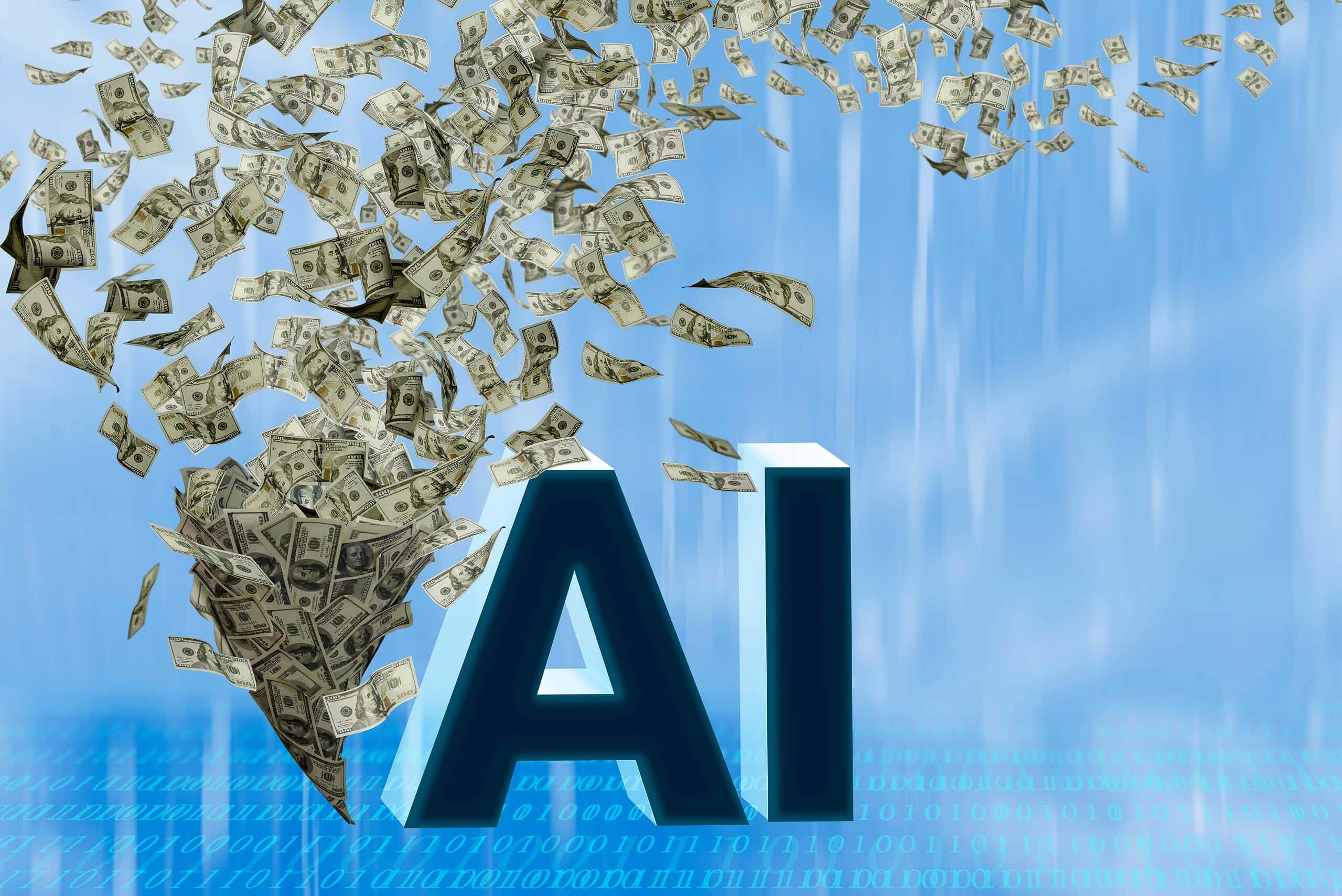 AI, artificial intelligence concept. Typhoon of hundreds dollars banknotes. Money wallpaper background with US dollar bills tornado, whirlwind of dollars hurricane. Flying, levitating american cash