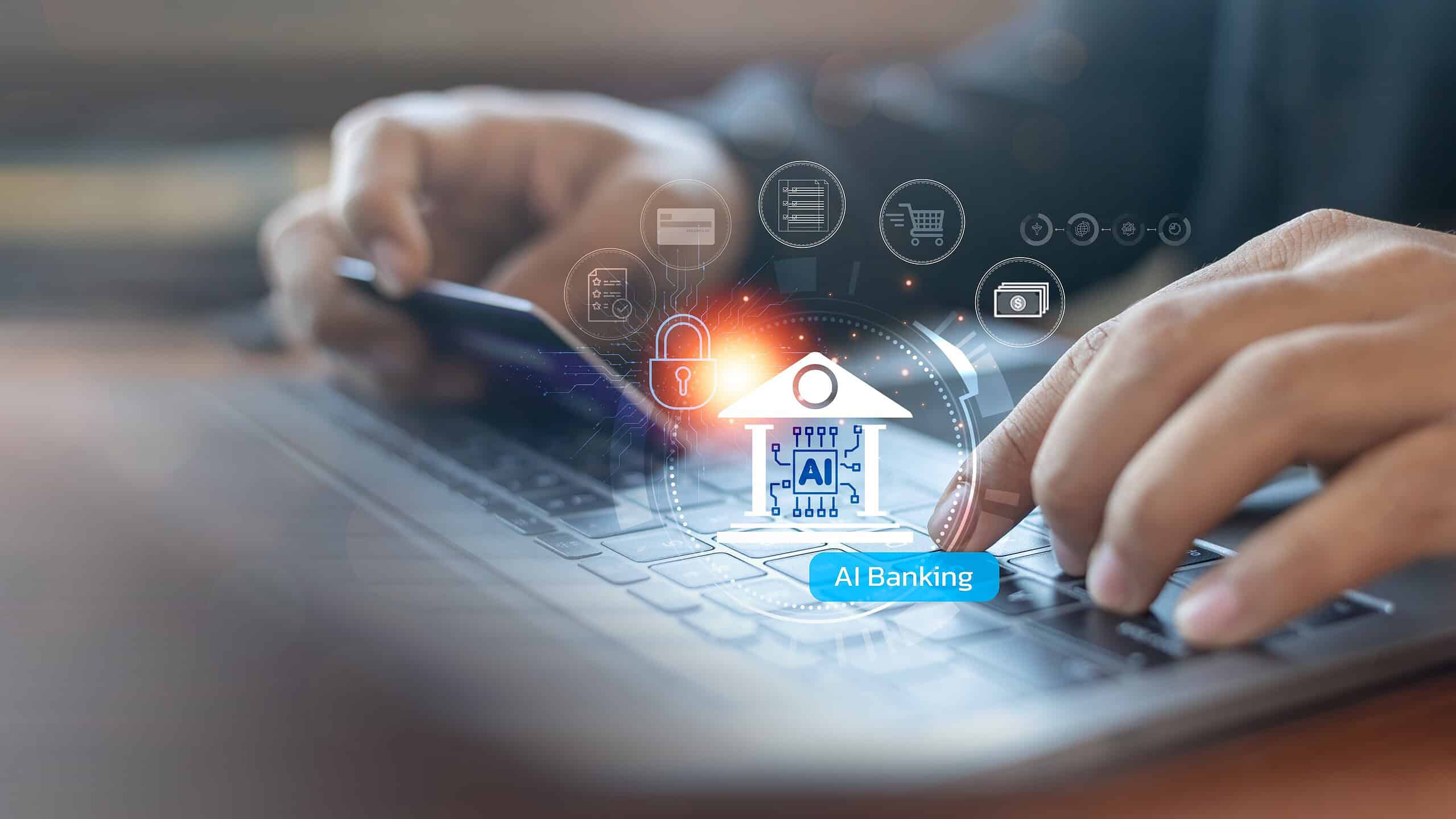 A person using a laptop and holding a credit card with AI banking icons. Concept of artificial intelligence in financial technology, secure online transactions, and digital finance.
