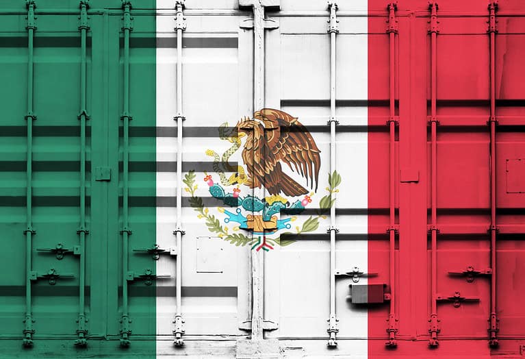 Shipping container with Mexican national flag overlay symbolizing tariffs and international trade policies in global commerce context.