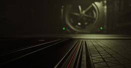 In a dimly lit vault, shadows dance as light reveals the intricate floor. A large, secure door looms in the background, hinting at hidden treasures.