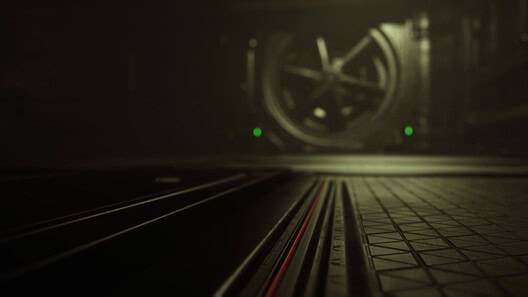 In a dimly lit vault, shadows dance as light reveals the intricate floor. A large, secure door looms in the background, hinting at hidden treasures.