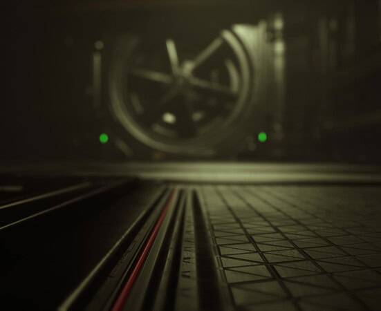 In a dimly lit vault, shadows dance as light reveals the intricate floor. A large, secure door looms in the background, hinting at hidden treasures.