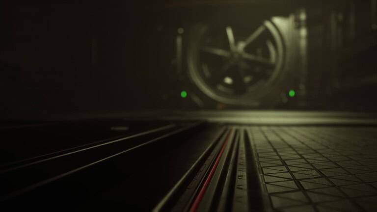 In a dimly lit vault, shadows dance as light reveals the intricate floor. A large, secure door looms in the background, hinting at hidden treasures.