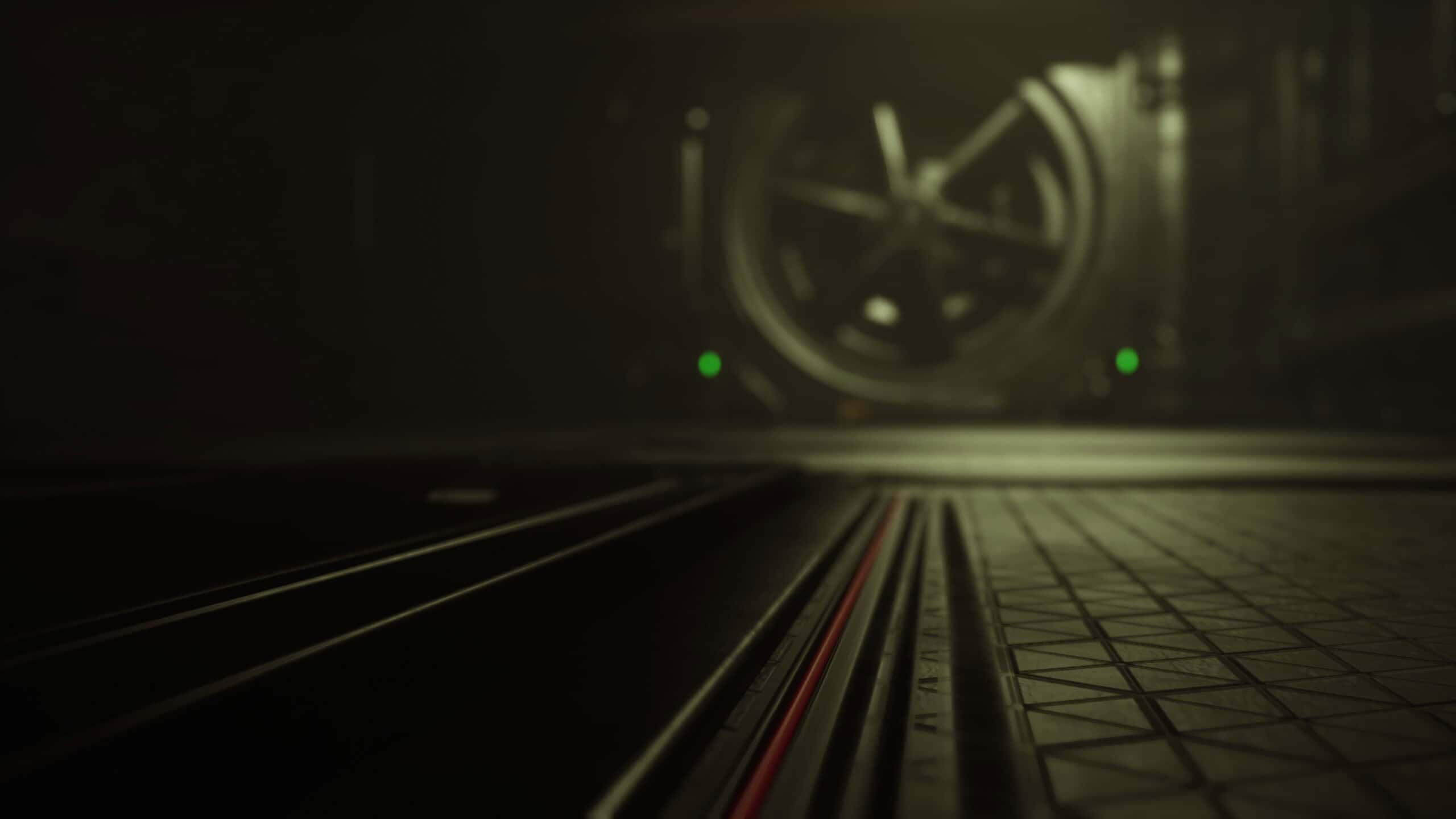 In a dimly lit vault, shadows dance as light reveals the intricate floor. A large, secure door looms in the background, hinting at hidden treasures.