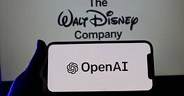 isney logo on smartphone screen with OpenAI logo in the background. The Walt Disney Company and Open AI.