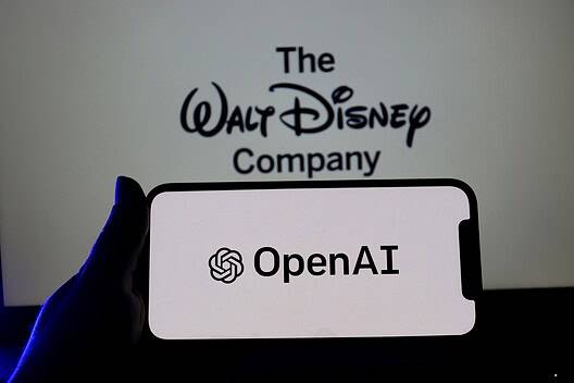 isney logo on smartphone screen with OpenAI logo in the background. The Walt Disney Company and Open AI.