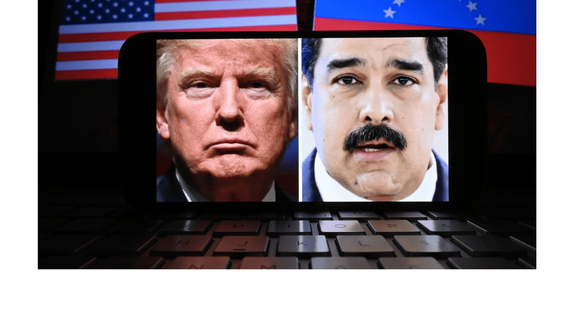 U.S. President Donald Trump and Venezuelan President Nicolás Maduro on a phone screen.
