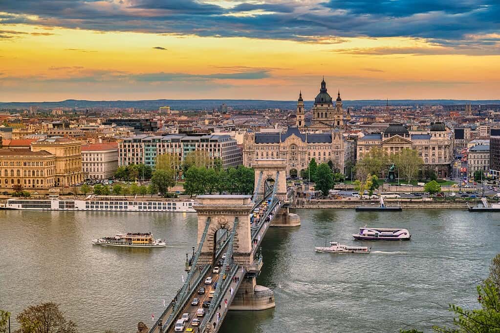 Budapest Hungary, city skyline sunset at Danube River with Chain Bridge and St. Stephen's Basilica