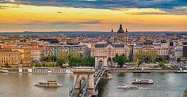 Budapest Hungary, city skyline sunset at Danube River with Chain Bridge and St. Stephen's Basilica