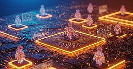 Neon 3D image of agentic ai, showing on high tech background, ai agents doing multiple tasks, blue and orange theme