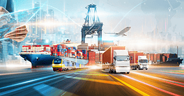Innovation technology digital future of logistics freight transportation import export concept, Manager using tablet control online tracking cargo delivery distribution on city world map background