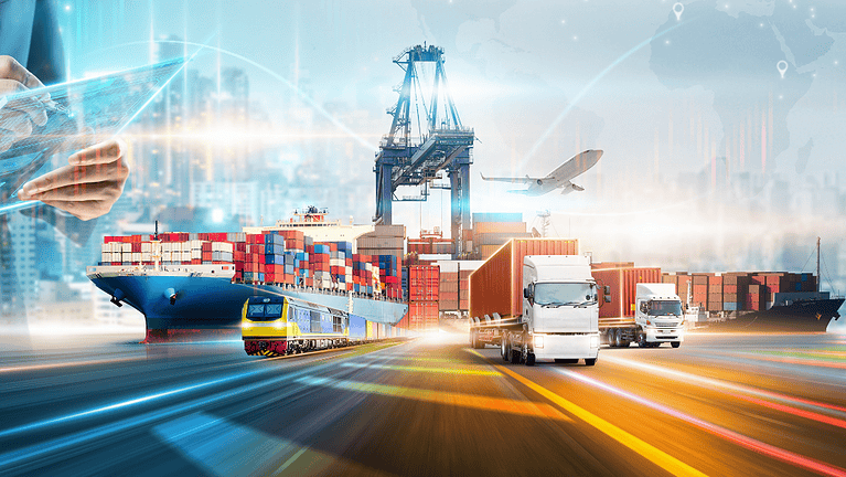 Innovation technology digital future of logistics freight transportation import export concept, Manager using tablet control online tracking cargo delivery distribution on city world map background