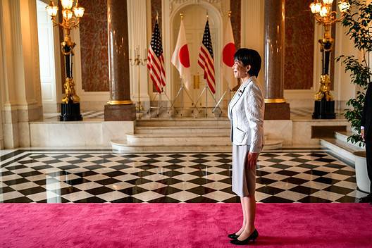 Japan Prime Minister Sanae Takaichi standing in Akasaka Palace in Tokyo.
