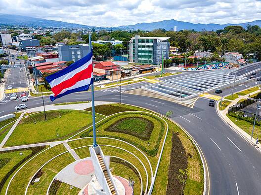 Beautiful aerial view of the new Flag roundabout in Costa Rica, Rotonda de la bandera, un San José