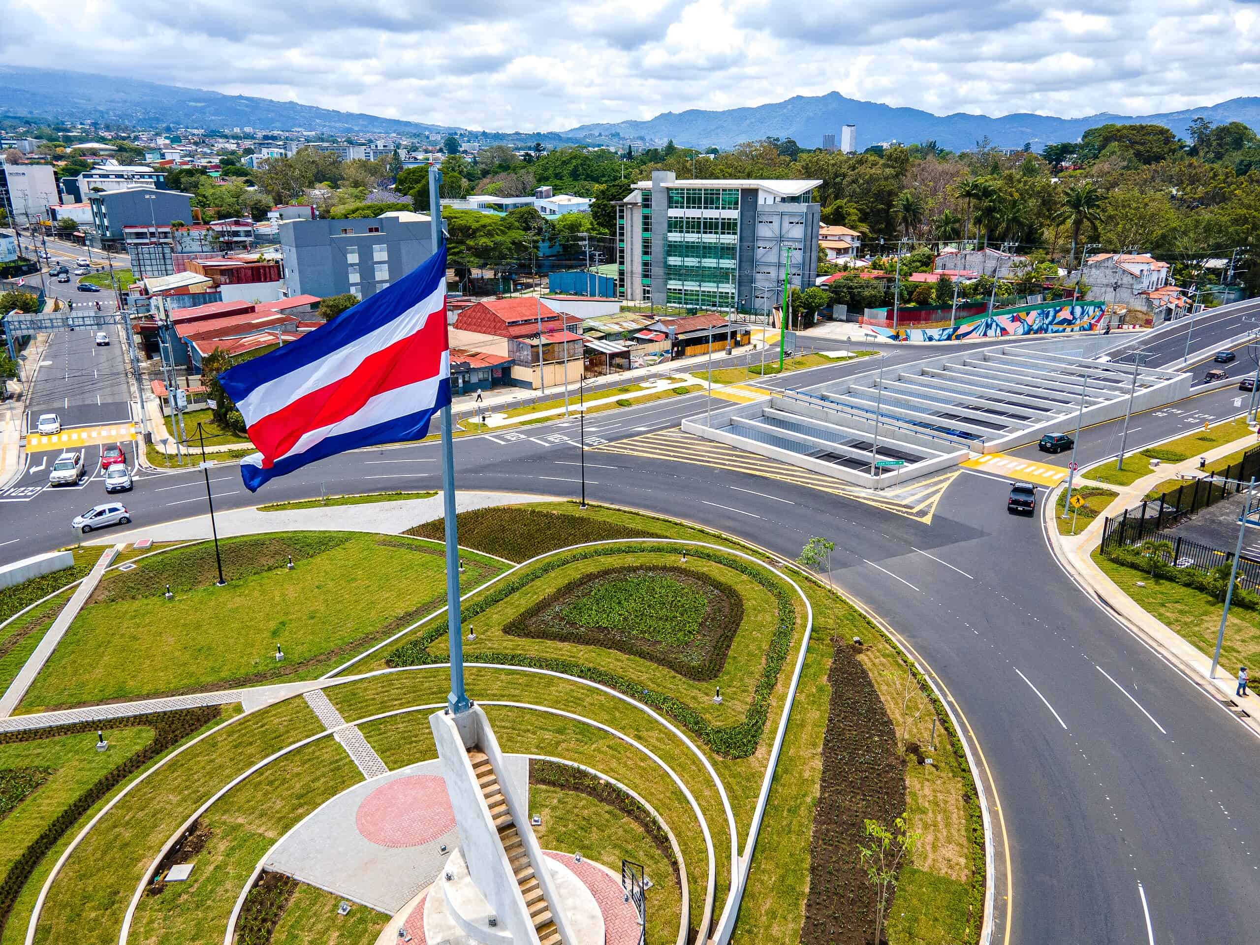 Beautiful aerial view of the new Flag roundabout in Costa Rica, Rotonda de la bandera, un San José