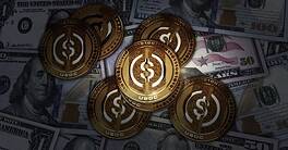 Coin stablecoin cryptocurrency golden coin over Dollar banknotes. Online payment and crypto money transaction abstract concept 3d illustration.