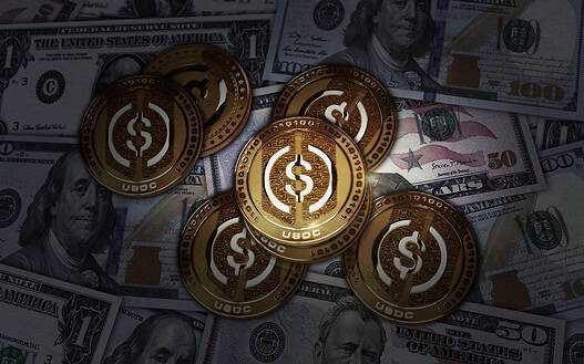 Coin stablecoin cryptocurrency golden coin over Dollar banknotes. Online payment and crypto money transaction abstract concept 3d illustration.