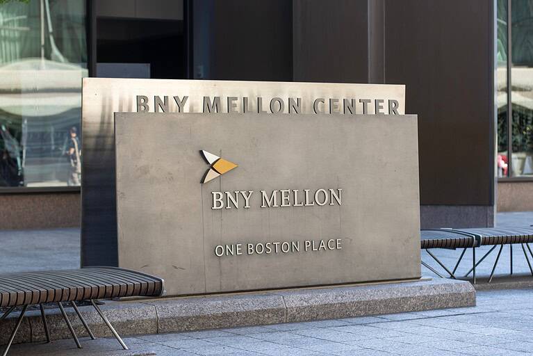 BNY Mellon logo is seen at the BNY Mellon Center in Boston, Massachusetts. The Bank of New York Mellon Corporation is an American financial services company