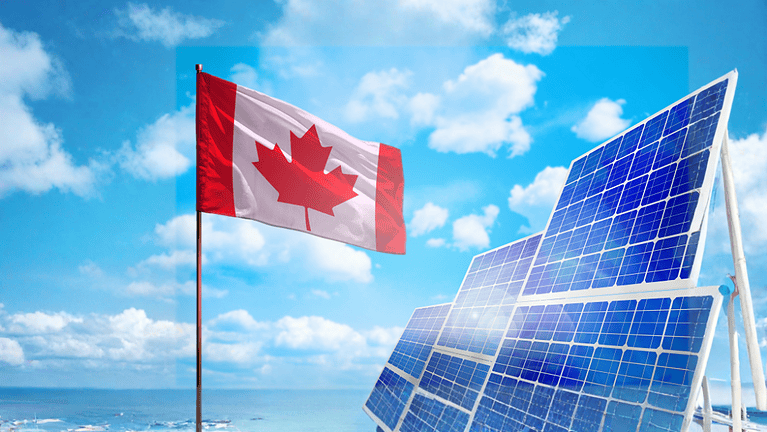 Canada alternative energy, solar energy concept with flag - symbol of fight with global warming - industrial illustration,