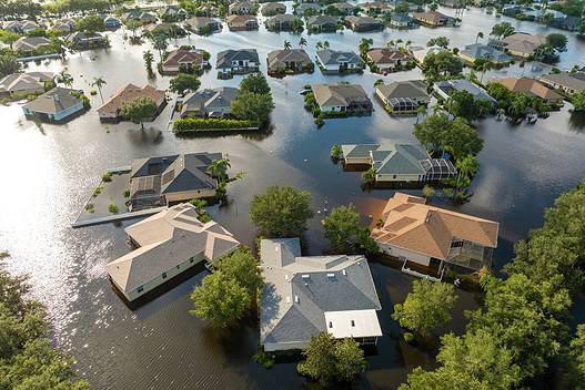 Hurricane flooded homes in residential community in Florida, USA. Aftermath of natural disaster