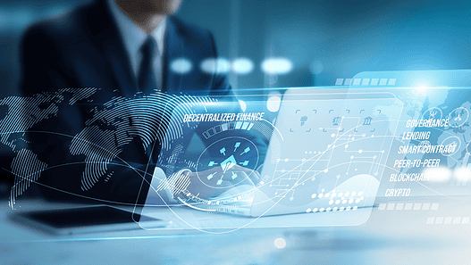 Investor using a laptop and exploring decentralized finance applications, blockchain platforms, smart contracts, crypto wallets, tokens, peer-to-peer transactions, transparency, and digital assets.