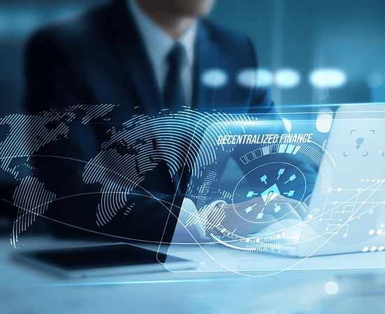 Investor using a laptop and exploring decentralized finance applications, blockchain platforms, smart contracts, crypto wallets, tokens, peer-to-peer transactions, transparency, and digital assets.