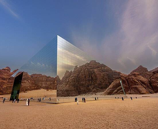 "Maraya:The Mirror of the Desert", Saudi Arabia. Maraya, the world’s largest mirrored building, blends seamlessly into the AlUla desert, reflecting the sky and the majestic rocks of this ancient land