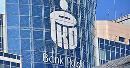 PKO Bank Polski logo, signage on the facade of the bank. WARSAW,