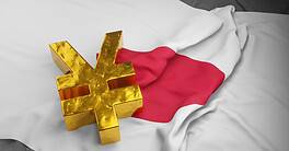 Golden yen sign on the Japan flag. Illustration of the concept of Japanese economy and currency.