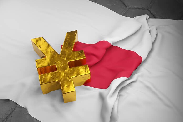 Golden yen sign on the Japan flag. Illustration of the concept of Japanese economy and currency.