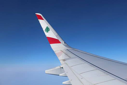 The wing of a Middle East Airline plane with the cedar emblem.