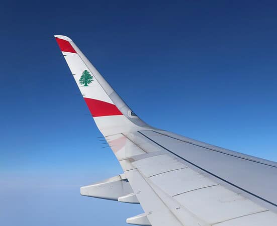 The wing of a Middle East Airline plane with the cedar emblem.