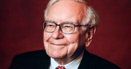 Warren Buffett against a red background.