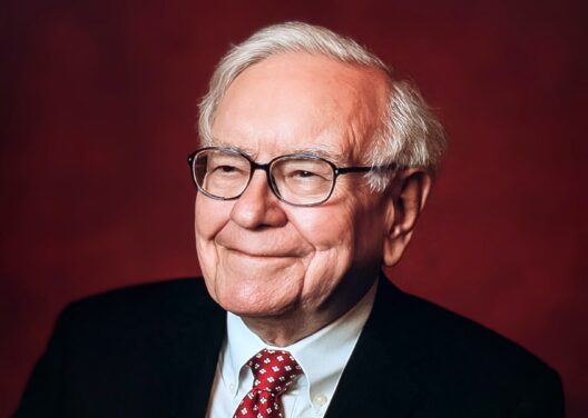 Warren Buffett against a red background.