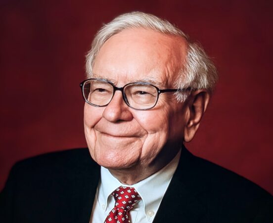 Warren Buffett against a red background.