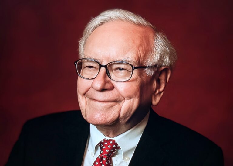Warren Buffett against a red background.