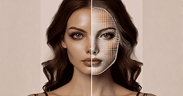 Side by side portraits of a woman; photo on left is normal, photo on right has deepfake vector lines
