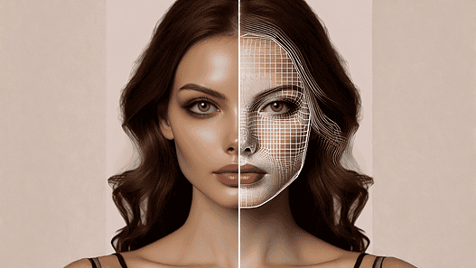 Side by side portraits of a woman; photo on left is normal, photo on right has deepfake vector lines