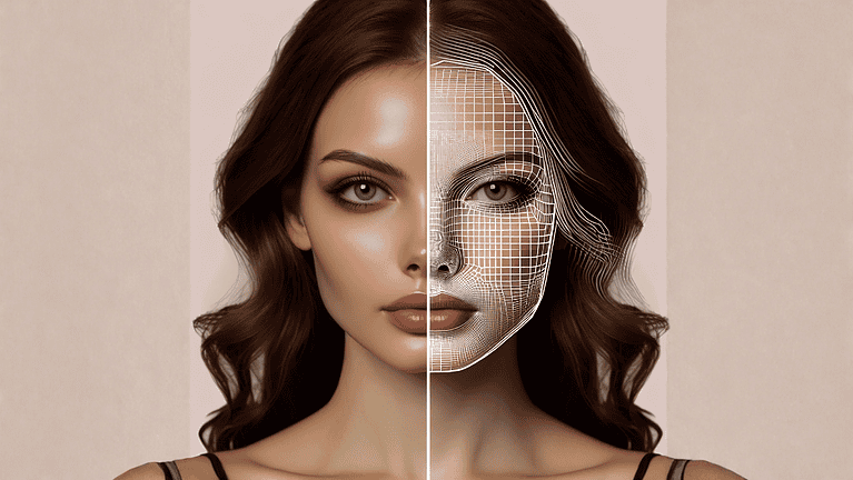 Side by side portraits of a woman; photo on left is normal, photo on right has deepfake vector lines