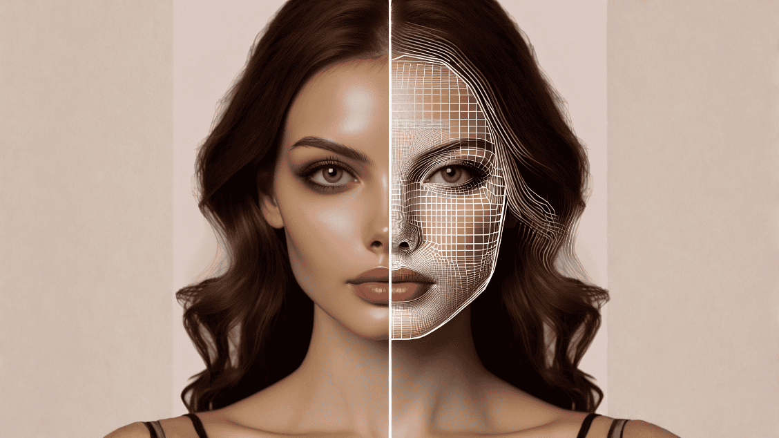 Side by side portraits of a woman; photo on left is normal, photo on right has deepfake vector lines